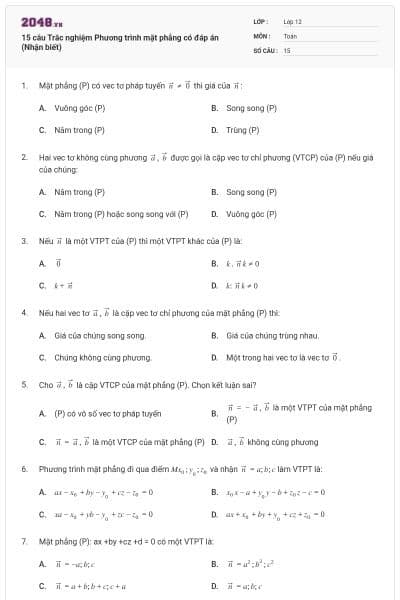15 câu Trắc nghiệm Phương trình mặt phẳng có đáp án (Nhận biết)