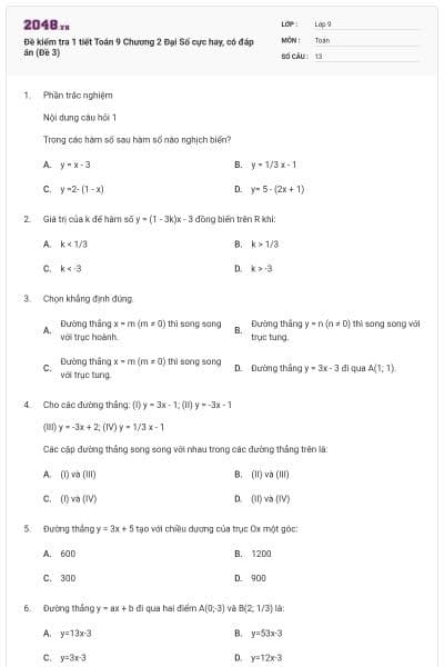 Đề kiểm tra 1 tiết Toán 9 Chương 2 Đại Số cực hay, có đáp án (Đề 3)