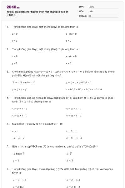 40 câu Trắc nghiệm Phương trình mặt phẳng có đáp án (Phần 1)