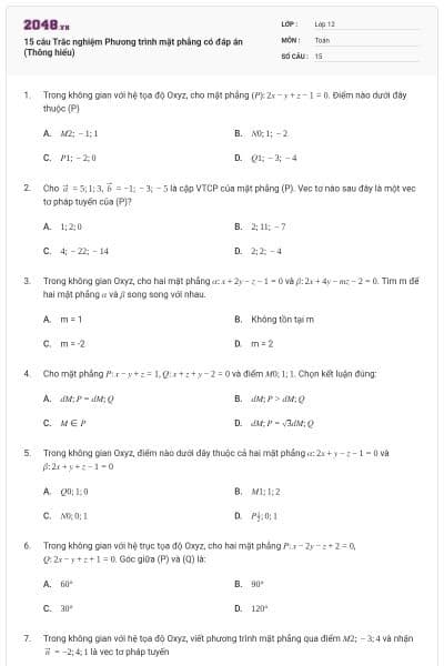 15 câu Trắc nghiệm Phương trình mặt phẳng có đáp án (Thông hiểu)