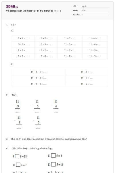Vở bài tập Toán lớp 2 Bài 46 : 11 trừ đi một số : 11 - 5