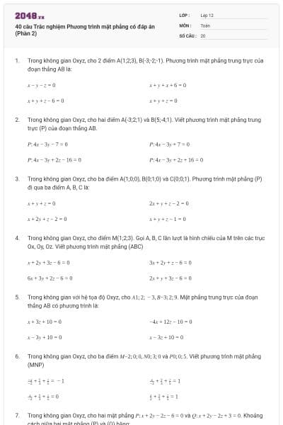 40 câu Trắc nghiệm Phương trình mặt phẳng có đáp án (Phần 2)