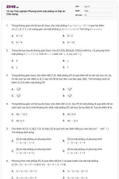 15 câu Trắc nghiệm Phương trình mặt phẳng có đáp án (Vận dụng)