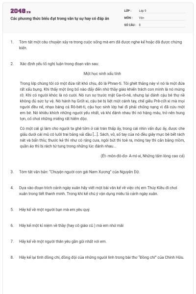 Các phương thức biểu đạt trong văn tự sự hay có đáp án