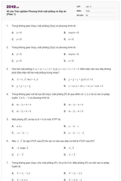 40 câu Trắc nghiệm Phương trình mặt phẳng có đáp án (Phần 1)