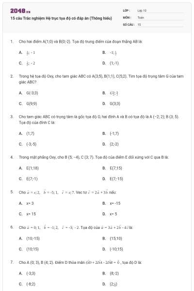 15 câu Trắc nghiệm Hệ trục tọa độ có đáp án (Thông hiểu)