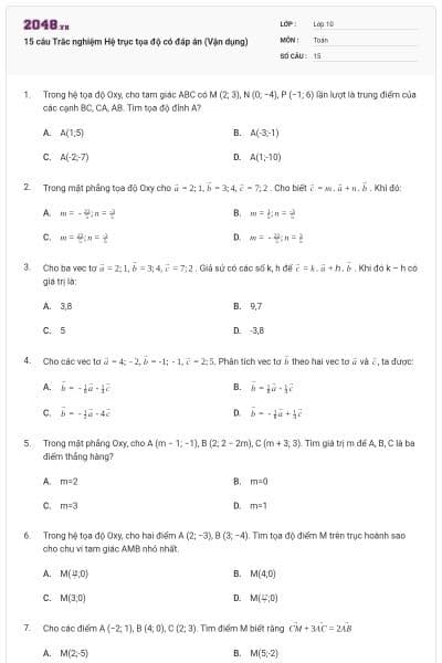15 câu Trắc nghiệm Hệ trục tọa độ có đáp án (Vận dụng)