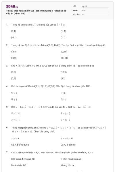 10 câu Trắc nghiệm Ôn tập Toán 10 Chương 1 Hình học có đáp án (Nhận biết)