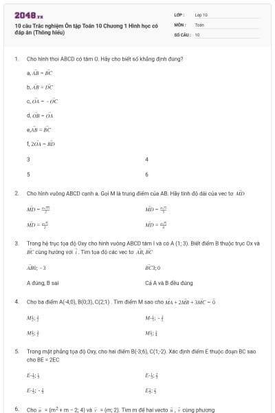 10 câu Trắc nghiệm Ôn tập Toán 10 Chương 1 Hình học có đáp án (Thông hiểu)