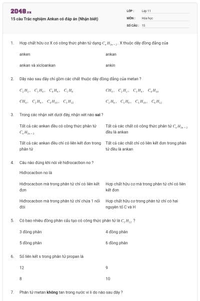15 câu Trắc nghiệm Ankan có đáp án (Nhận biết)