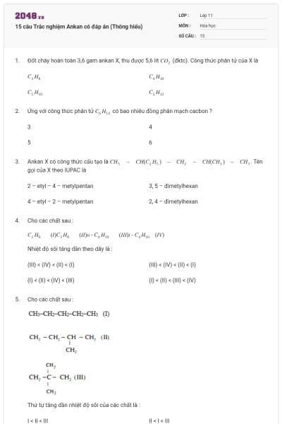 15 câu Trắc nghiệm Ankan có đáp án (Thông hiểu)