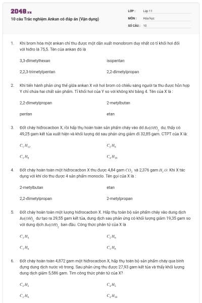 10 câu  Trắc nghiệm Ankan có đáp án (Vận dụng)