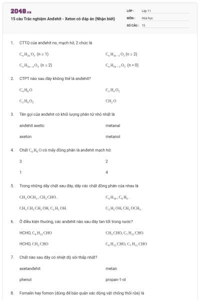 15 câu Trắc nghiệm Anđehit - Xeton có đáp án (Nhận biết)