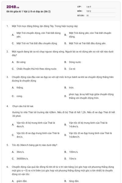 Đề thi giữa kì 1 Vật Lí 8 có đáp án (Đề 2)