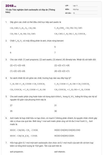 15 câu Trắc nghiệm Axit cacboxylic có đáp án (Thông hiểu)