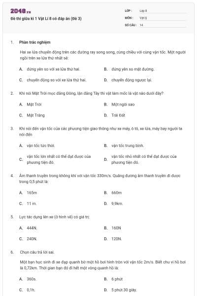 Đề thi giữa kì 1 Vật Lí 8 có đáp án (Đề 3)