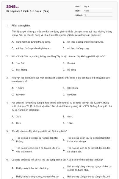 Đề thi giữa kì 1 Vật Lí 8 có đáp án (Đề 4)