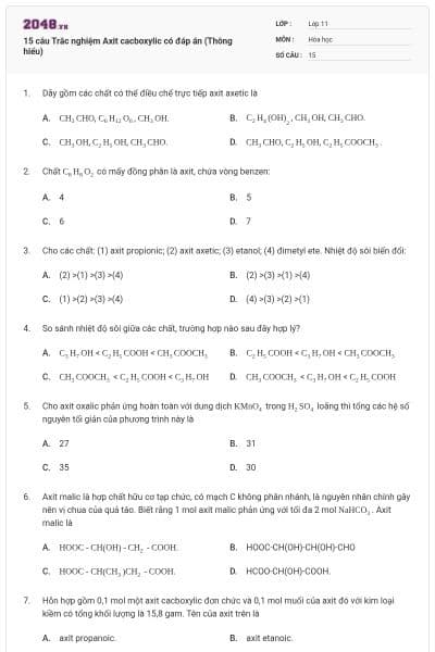 15 câu Trắc nghiệm Axit cacboxylic có đáp án (Thông hiểu)