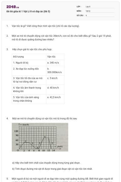 Đề thi giữa kì 1 Vật Lí 8 có đáp án (Đề 5)