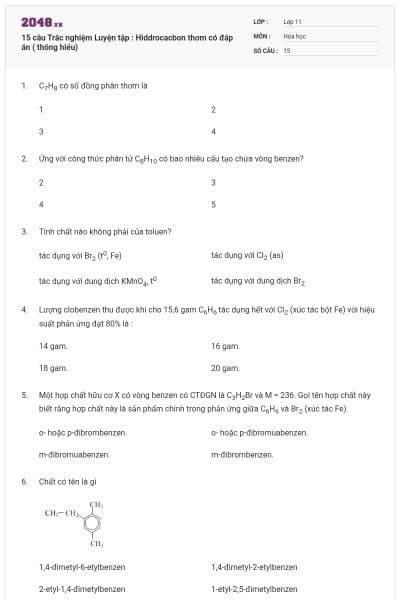 15 câu  Trắc nghiệm Luyện tập : Hiddrocacbon thơm có đáp án ( thông hiểu)