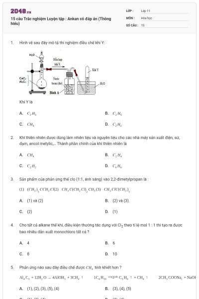 15 câu  Trắc nghiệm Luyện tập : Ankan có đáp án (Thông hiểu)
