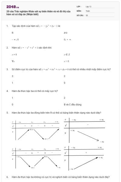 20 câu Trắc nghiệm Khảo sát sự biến thiên và vẽ đồ thị của hàm số có đáp án (Nhận biết)