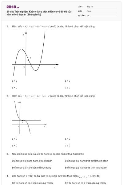 20 câu Trắc nghiệm Khảo sát sự biến thiên và vẽ đồ thị của hàm số có đáp án (Thông hiểu)
