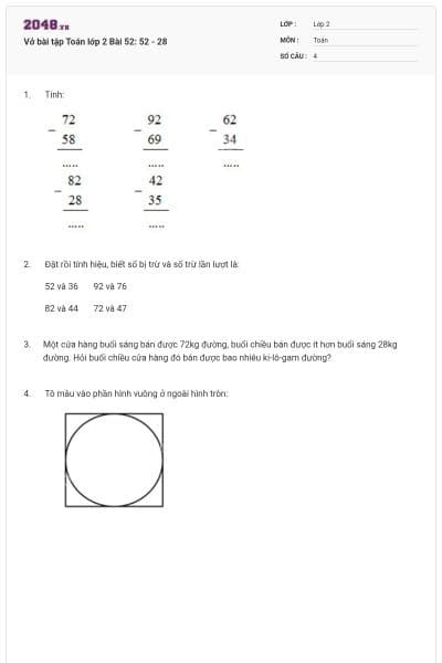 Vở bài tập Toán lớp 2 Bài 52: 52 - 28