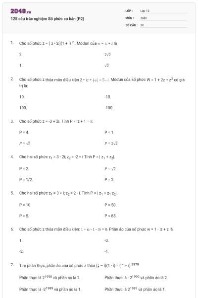125 câu trắc nghiệm Số phức cơ bản (P2)