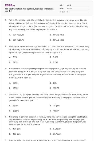 100 câu trắc nghiệm Kim loại kiềm, Kiềm thổ, Nhôm nâng cao (P4)