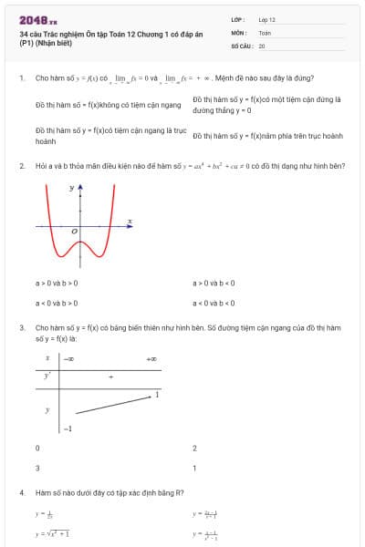 34 câu Trắc nghiệm Ôn tập Toán 12 Chương 1 có đáp án  (P1) (Nhận biết)