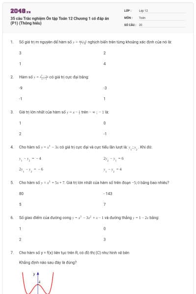 35 câu Trắc nghiệm Ôn tập Toán 12 Chương 1 có đáp án (P1) (Thông hiểu)