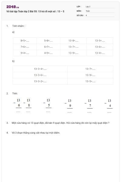 Vở bài tập Toán lớp 2 Bài 55: 13 trừ đi một số : 13 – 5