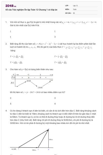 65 câu  Trắc nghiệm Ôn tập Toán 12 Chương 1 có đáp án