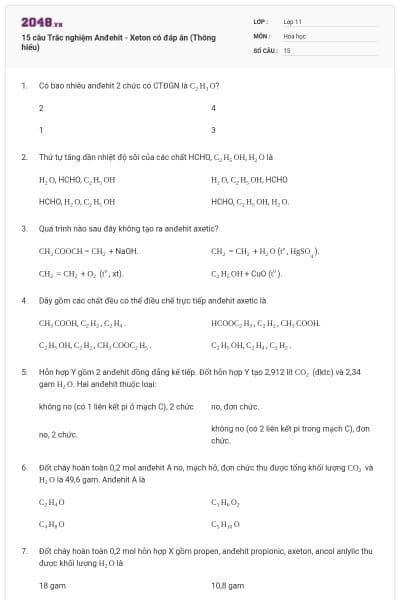 15 câu Trắc nghiệm Anđehit - Xeton có đáp án (Thông hiểu)