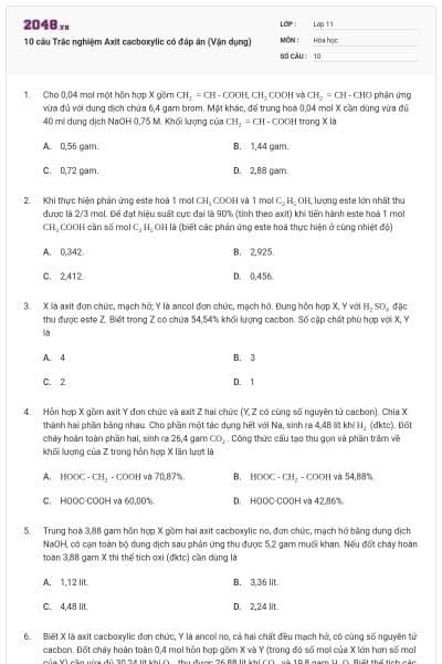 10 câu  Trắc nghiệm Axit cacboxylic có đáp án (Vận dụng)