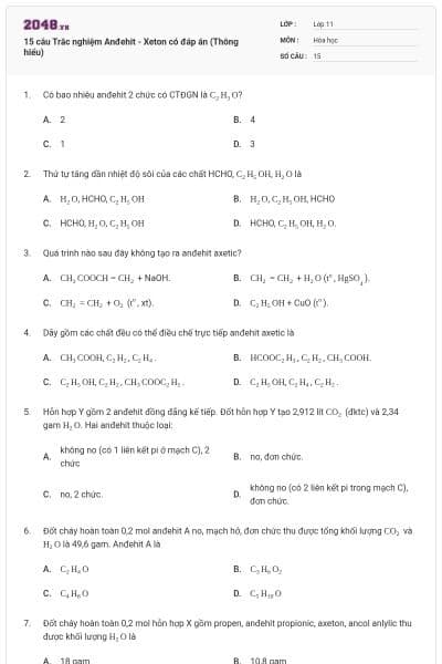 15 câu Trắc nghiệm Anđehit - Xeton có đáp án (Thông hiểu)