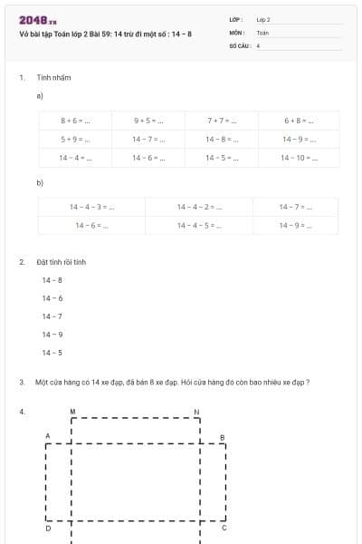 Vở bài tập Toán lớp 2 Bài 59: 14 trừ đi một số : 14 − 8