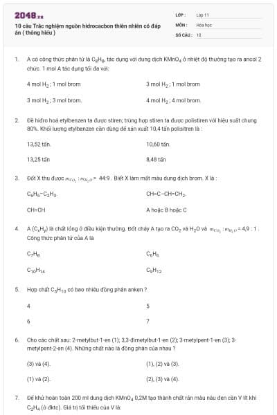 10 câu Trắc nghiệm nguồn hidrocacbon thiên nhiên có đáp án ( thông hiểu )