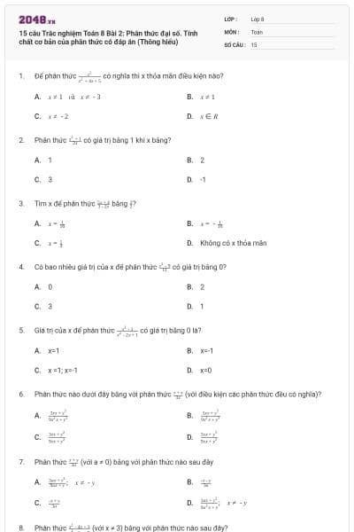15 câu Trắc nghiệm Toán 8 Bài 2: Phân thức đại số. Tính chất cơ bản của phân thức có đáp án (Thông hiểu)