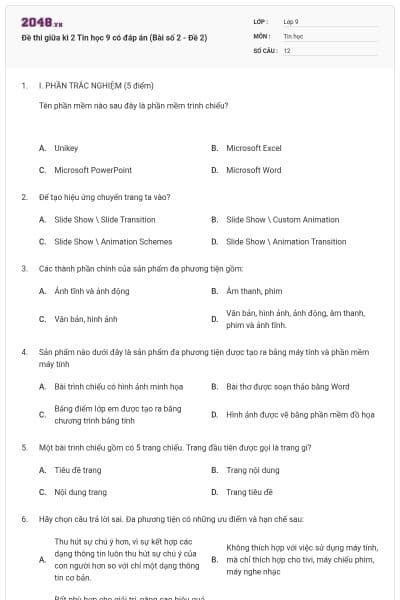 Đề thi giữa kì 2 Tin học 9 có đáp án (Bài số 2 - Đề 2)