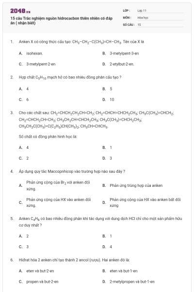 15 câu  Trắc nghiệm nguồn hidrocacbon thiên nhiên có đáp án ( nhận biết)