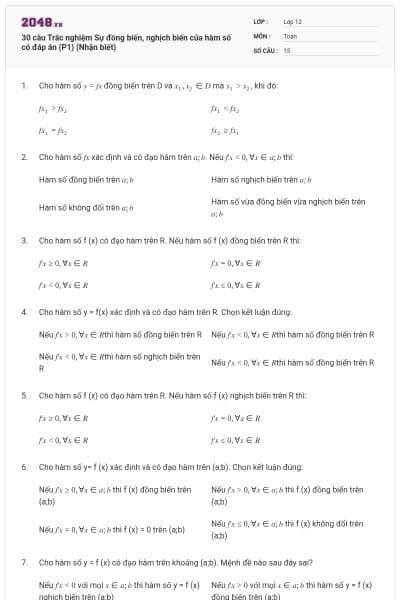30 câu Trắc nghiệm Sự đồng biến, nghịch biến của hàm số có đáp án (P1) (Nhận biết)