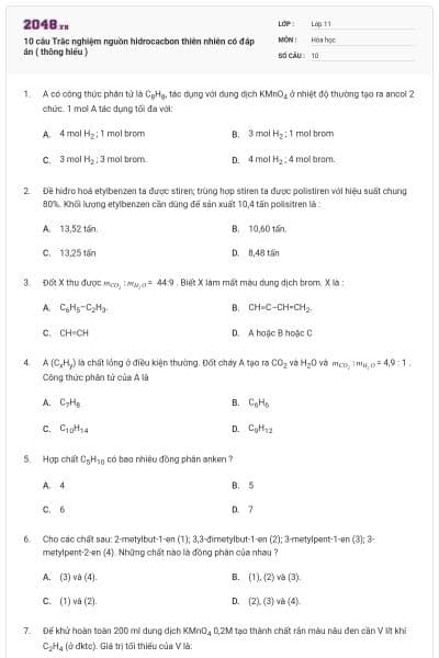 10 câu Trắc nghiệm nguồn hidrocacbon thiên nhiên có đáp án ( thông hiểu )
