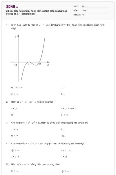 30 câu Trắc nghiệm Sự đồng biến, nghịch biến của hàm số có đáp án (P1) (Thông hiểu)