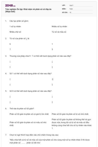 Trắc nghiệm Ôn tập: Khái niệm về phân số có đáp án (Nhận biết)
