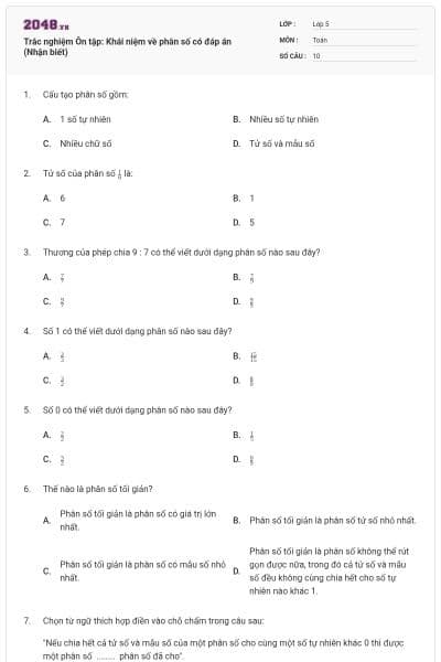 Trắc nghiệm Ôn tập: Khái niệm về phân số có đáp án (Nhận biết)