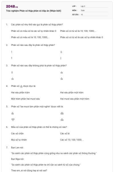 Trắc nghiệm Phân số thập phân có đáp án (Nhận biết)
