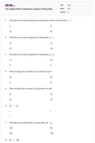 Trắc nghiệm Phân số thập phân có đáp án (Thông hiểu)