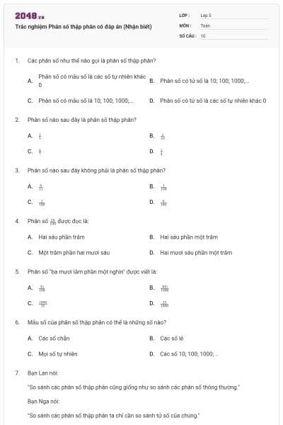 Trắc nghiệm Phân số thập phân có đáp án (Nhận biết)
